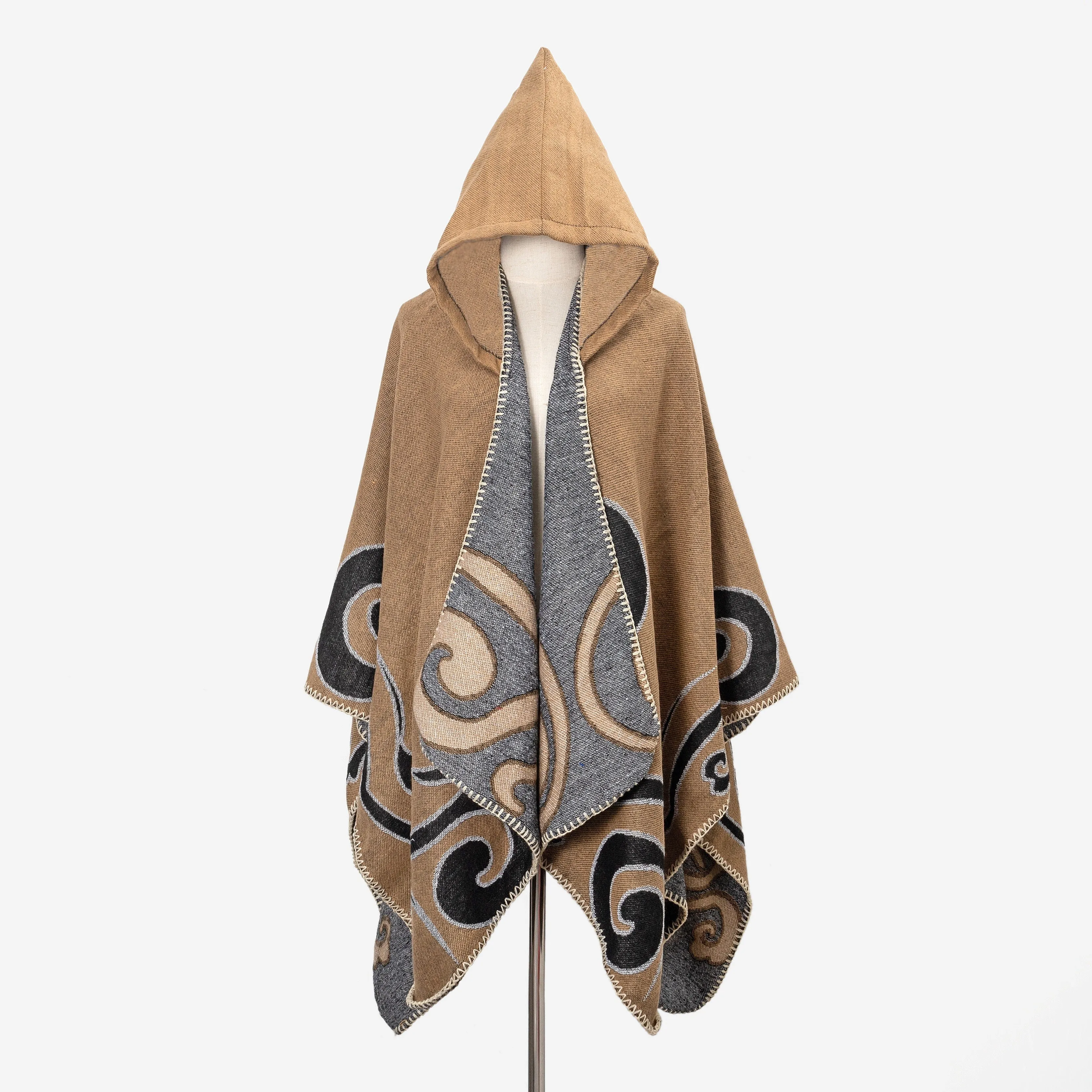 Retro Chic Large Wrap Cardigan - Women's Accessories - Soft, Warm, Windproof, Geometric Print Shawl with Hood for Casual Outdoor Travel and Holiday - Perfect for Cold Weather