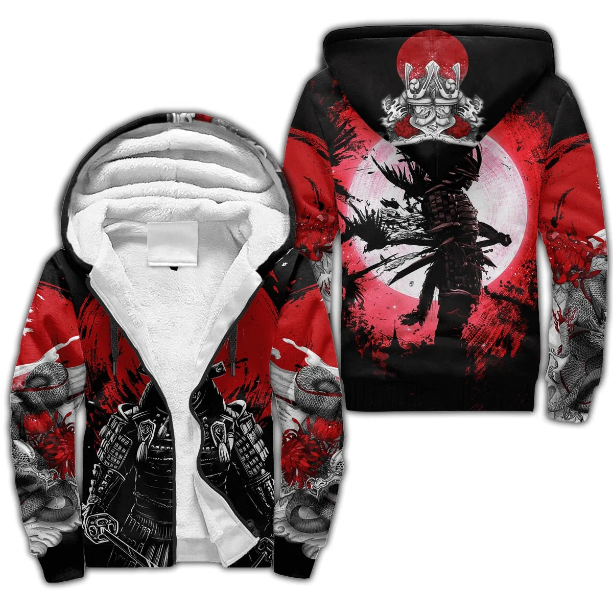 Samurai and Dragon 3D-Printed Winter Zipped Hoodie