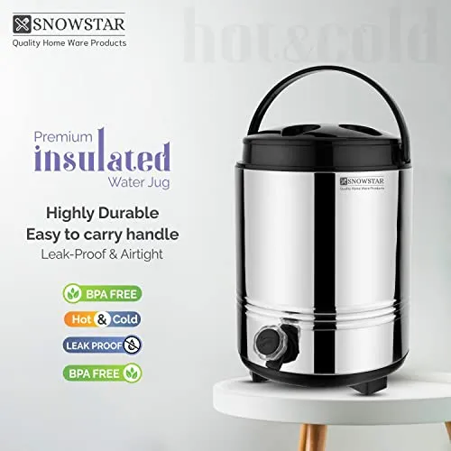 Snowstar Stainless Steel Insulated Water Jug 8 Liters with Tap I PUF Insulated Hot and Cold Upto 4-5hours I Double Walled Insulated Water Dispenser for Office Home Kitchen I Durable & Sturdy