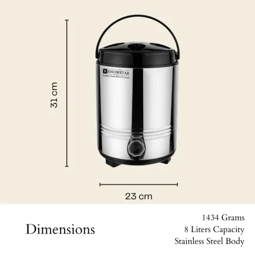 Snowstar Stainless Steel Insulated Water Jug 8 Liters with Tap I PUF Insulated Hot and Cold Upto 4-5hours I Double Walled Insulated Water Dispenser for Office Home Kitchen I Durable & Sturdy