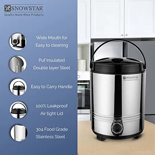 Snowstar Stainless Steel Insulated Water Jug 8 Liters with Tap I PUF Insulated Hot and Cold Upto 4-5hours I Double Walled Insulated Water Dispenser for Office Home Kitchen I Durable & Sturdy