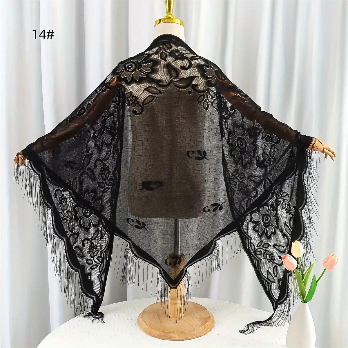 Stylish Triangle Shawl Scarf - Breathable, Lightweight, Monochrome Flower Lace Design, Tassel Trim, Elegant Sunscreen Head Wrap for Women - Perfect Accessory for Outdoor Activities