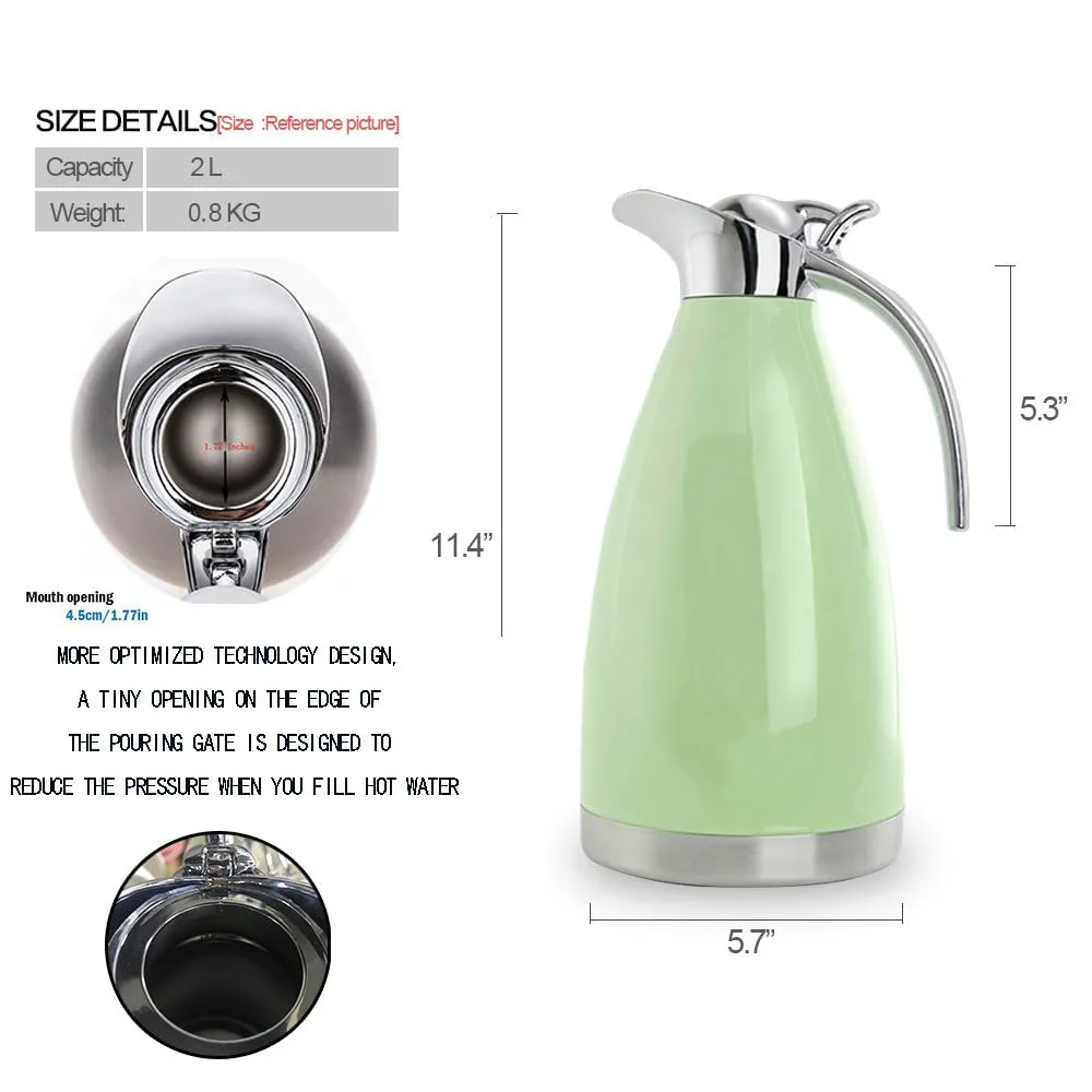 Sumerflos 68 Oz Stainless Steel Coffee Thermal Carafe/Double Walled Vacuum Thermos Insulated / 12 Hour Heat Retention / 2 Liters (Green)