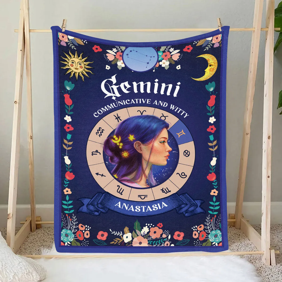 Teesdily | Gemini Zodiac Sign Characteristics Customized Blanket Communicative And Witty Sherpa Fleece Horoscope Design Astrology Gift Birthday