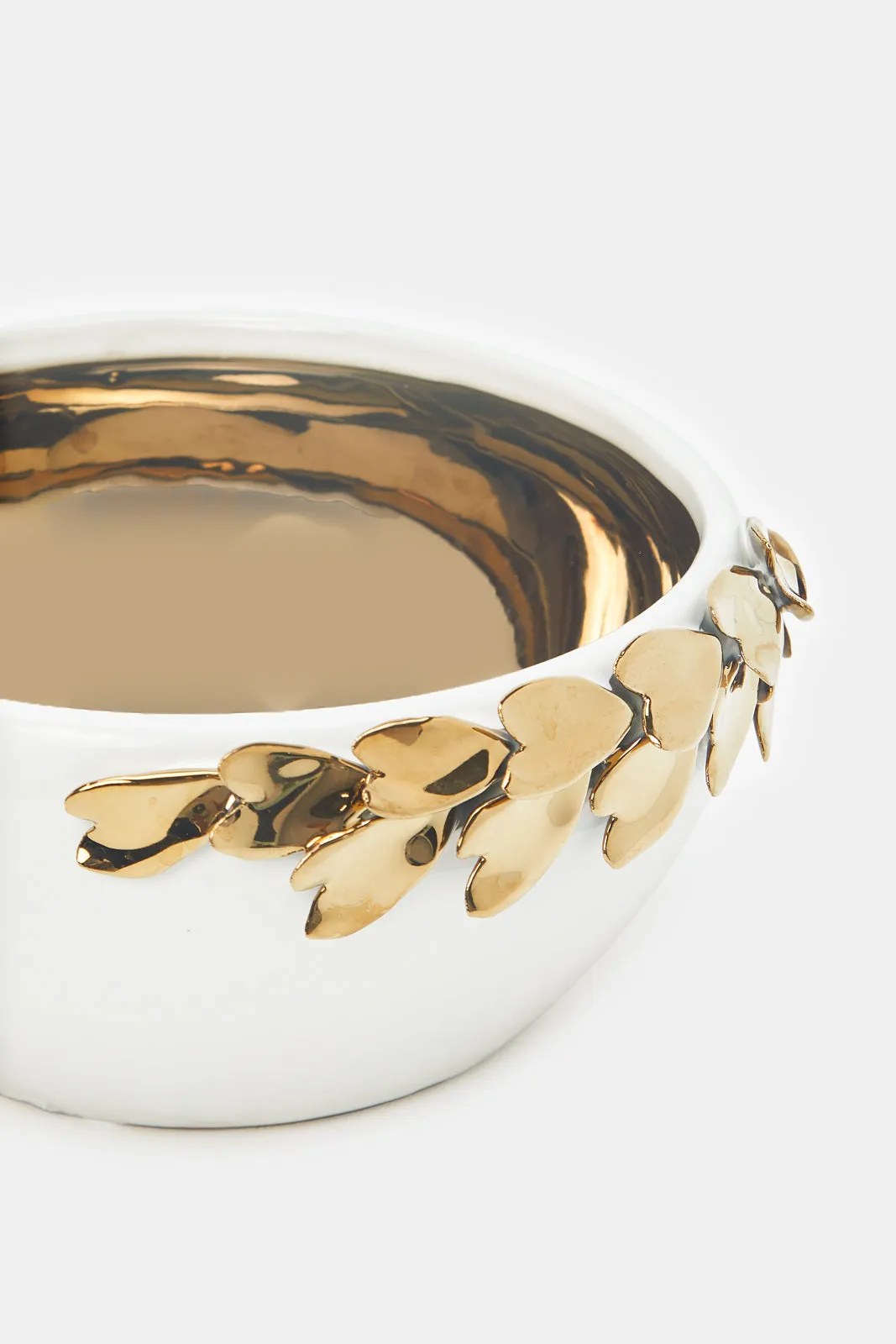 White And Gold Floral Twig Ceramic Decorative Bowl