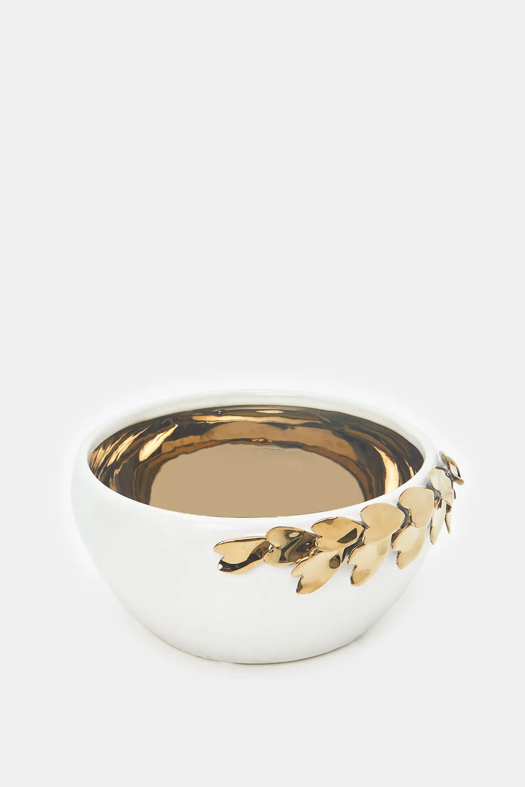 White And Gold Floral Twig Ceramic Decorative Bowl