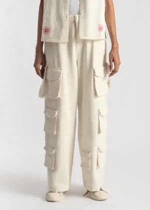 White Multi Pocket Cargo Jeans-Women