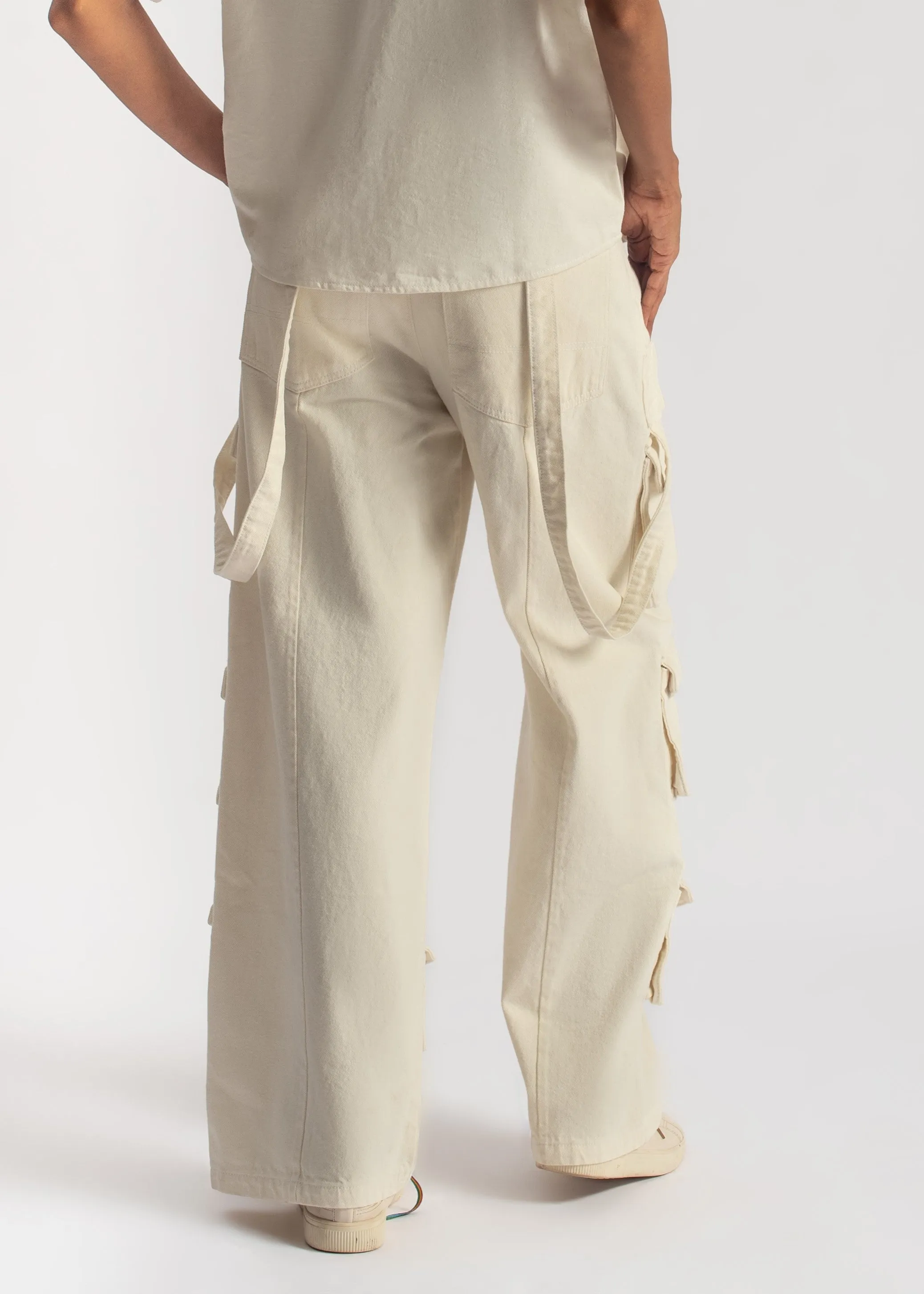 White Multi Pocket Cargo Jeans-Women