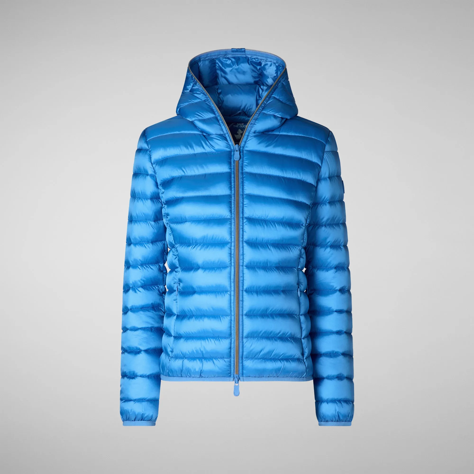 Woman's animal free hooded puffer jacket Alexis in cerulean blue