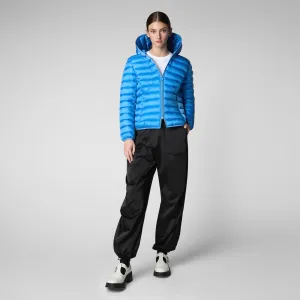 Woman's animal free hooded puffer jacket Alexis in cerulean blue