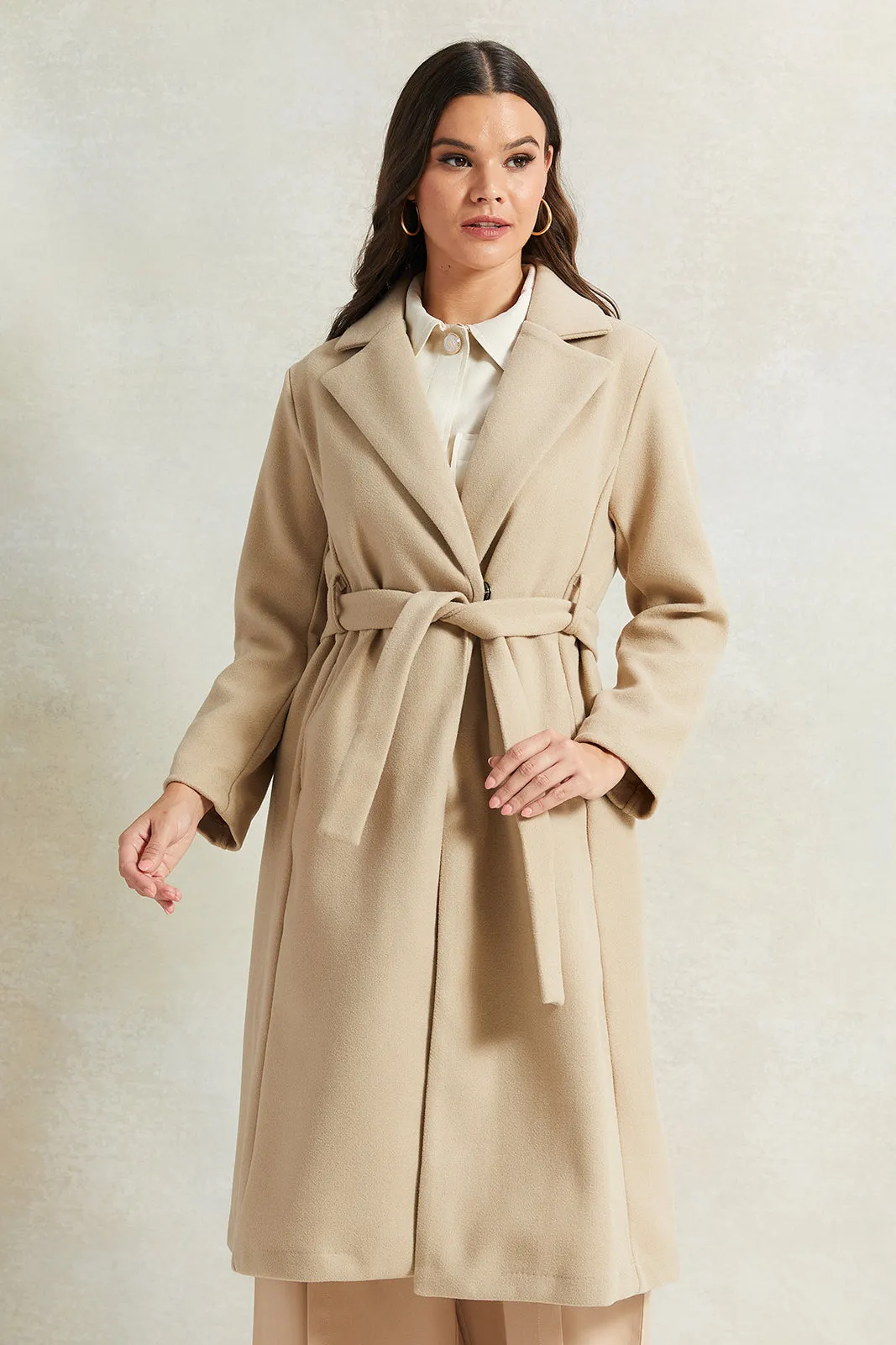 Women Beige Long Melton Jacket