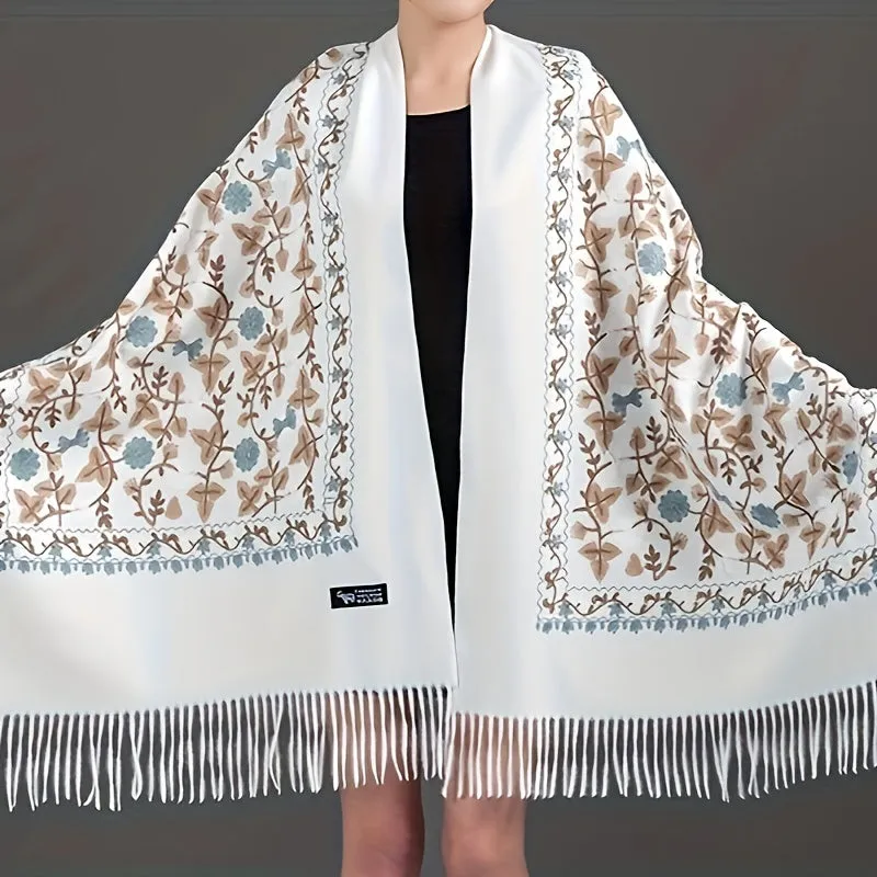 Women's Classic Embroidered Scarf - Polyester, Non-Stretch, Woven Tassel Shawl For Autumn/Winter Cheongsam & Summer Outerwear, Versatile For Warmth, Decoration, Wind Protection - Hand Or Dry Clean Only