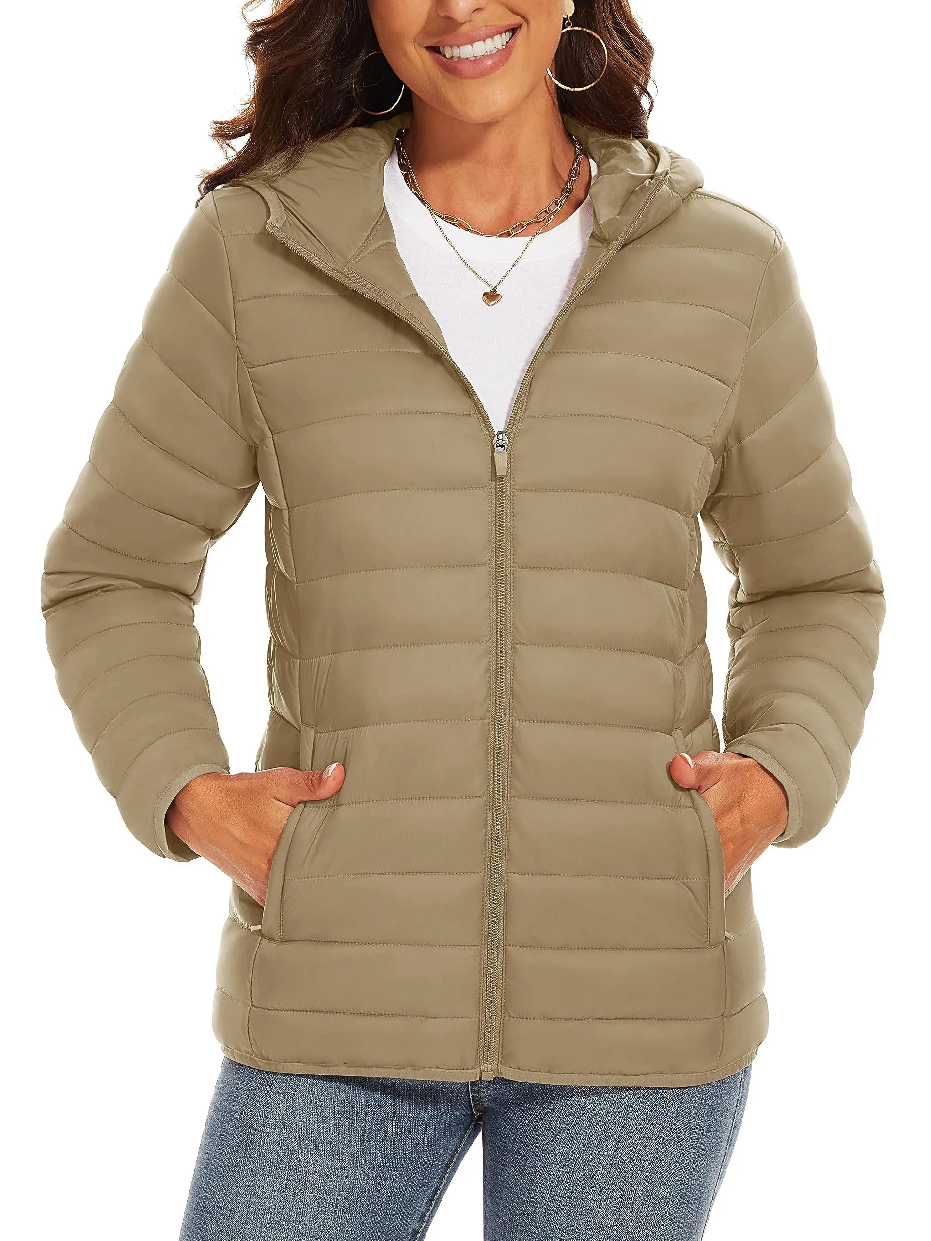 Women's Large Size Puffer Jacket Lightweight Soft Comfy Fall And Winter Warm Coat Full Zip Hooded Light Colors Jacket 2 Pocket Elastic Cuffs Daily Casual Wear Outdoor Activities Multi-occasion Fashion Casual Jacket