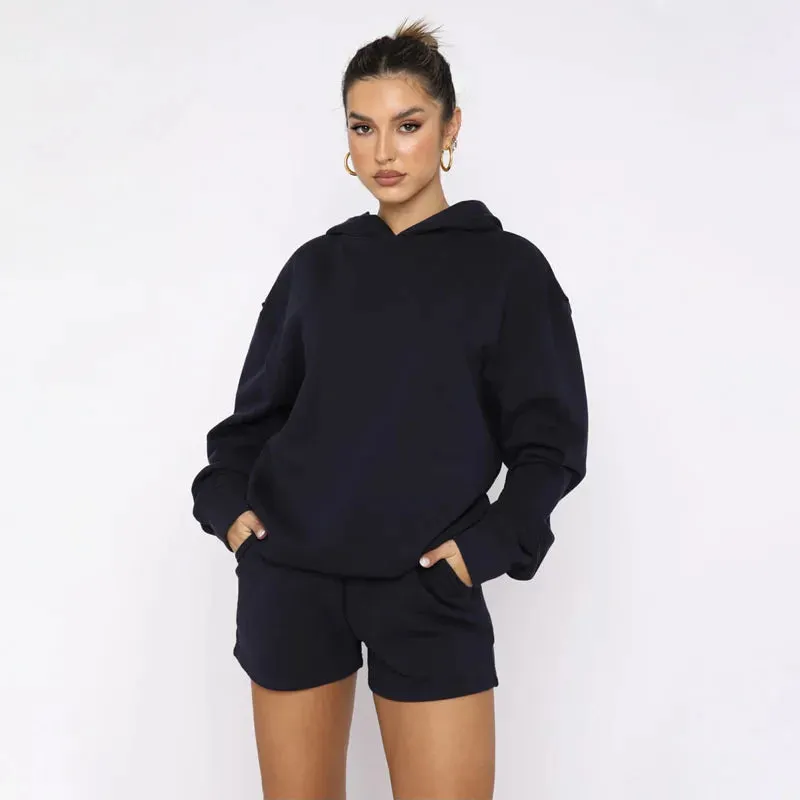 Women's Solid Color Long Sleeved Hooded Pullover Set