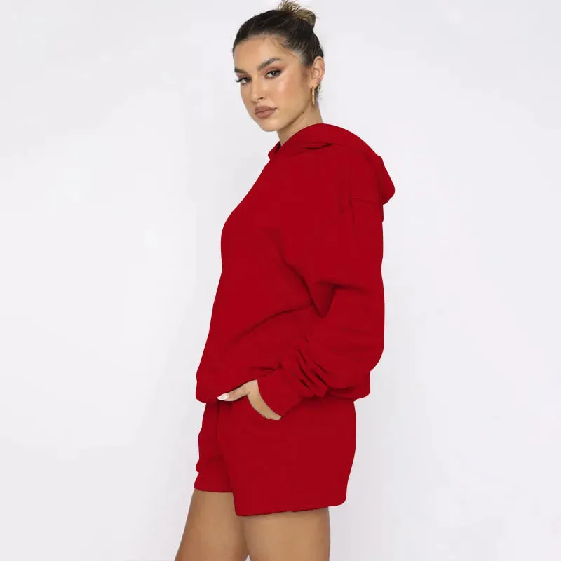 Women's Solid Color Long Sleeved Hooded Pullover Set