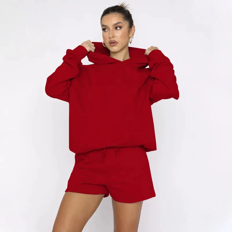 Women's Solid Color Long Sleeved Hooded Pullover Set