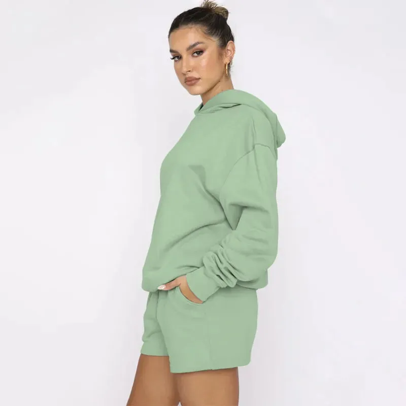 Women's Solid Color Long Sleeved Hooded Pullover Set