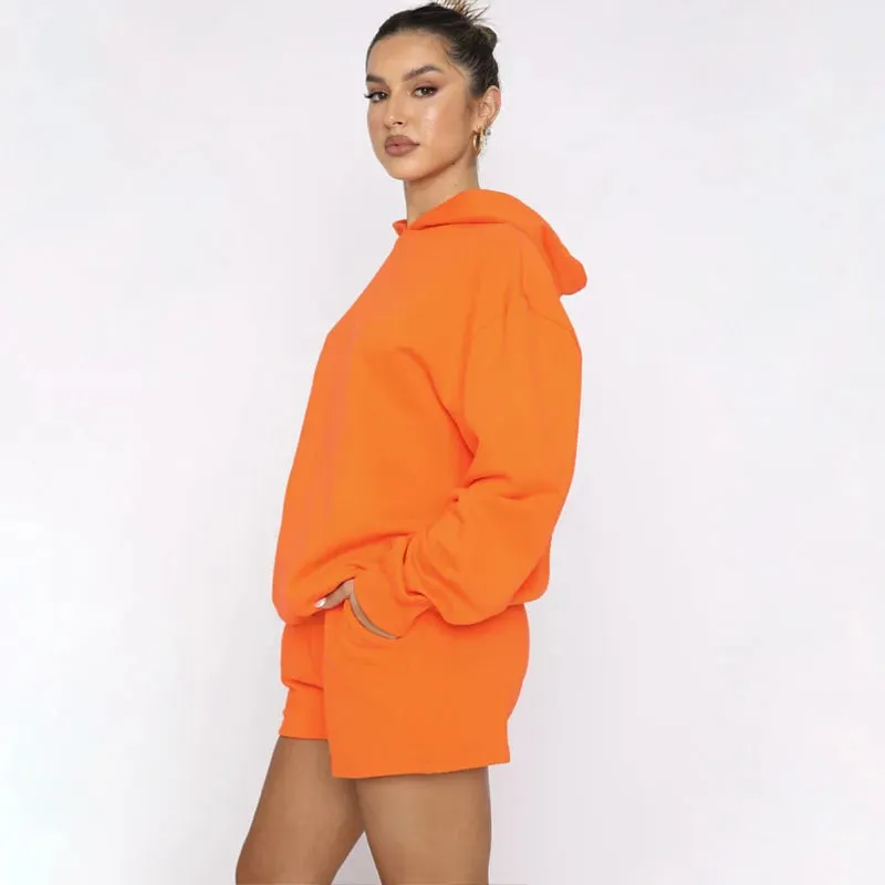 Women's Solid Color Long Sleeved Hooded Pullover Set