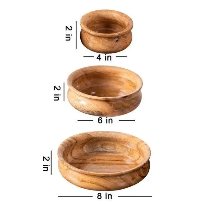 Wooden Twist Acacia Wood Bowl Set of 3 - Rustic Serving Bowls for Fruits or Salads