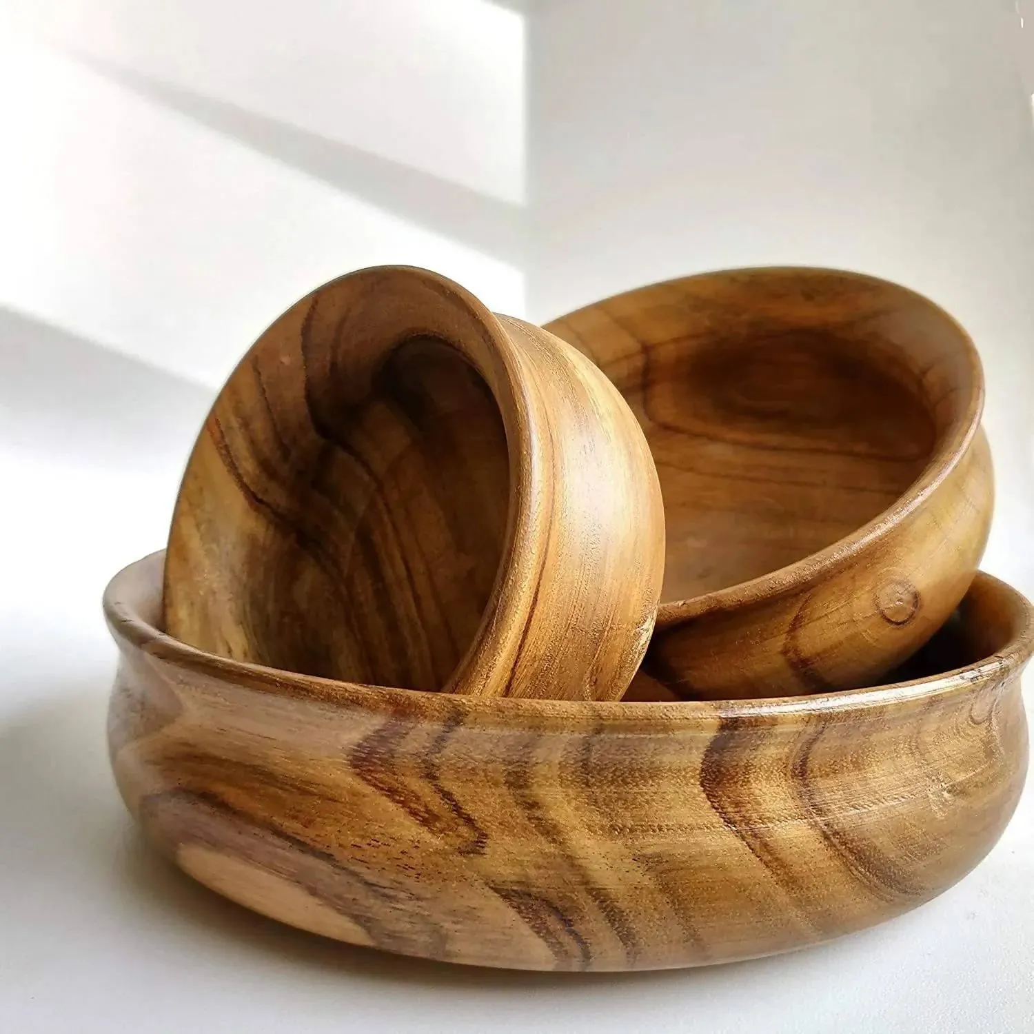 Wooden Twist Acacia Wood Bowl Set of 3 - Rustic Serving Bowls for Fruits or Salads